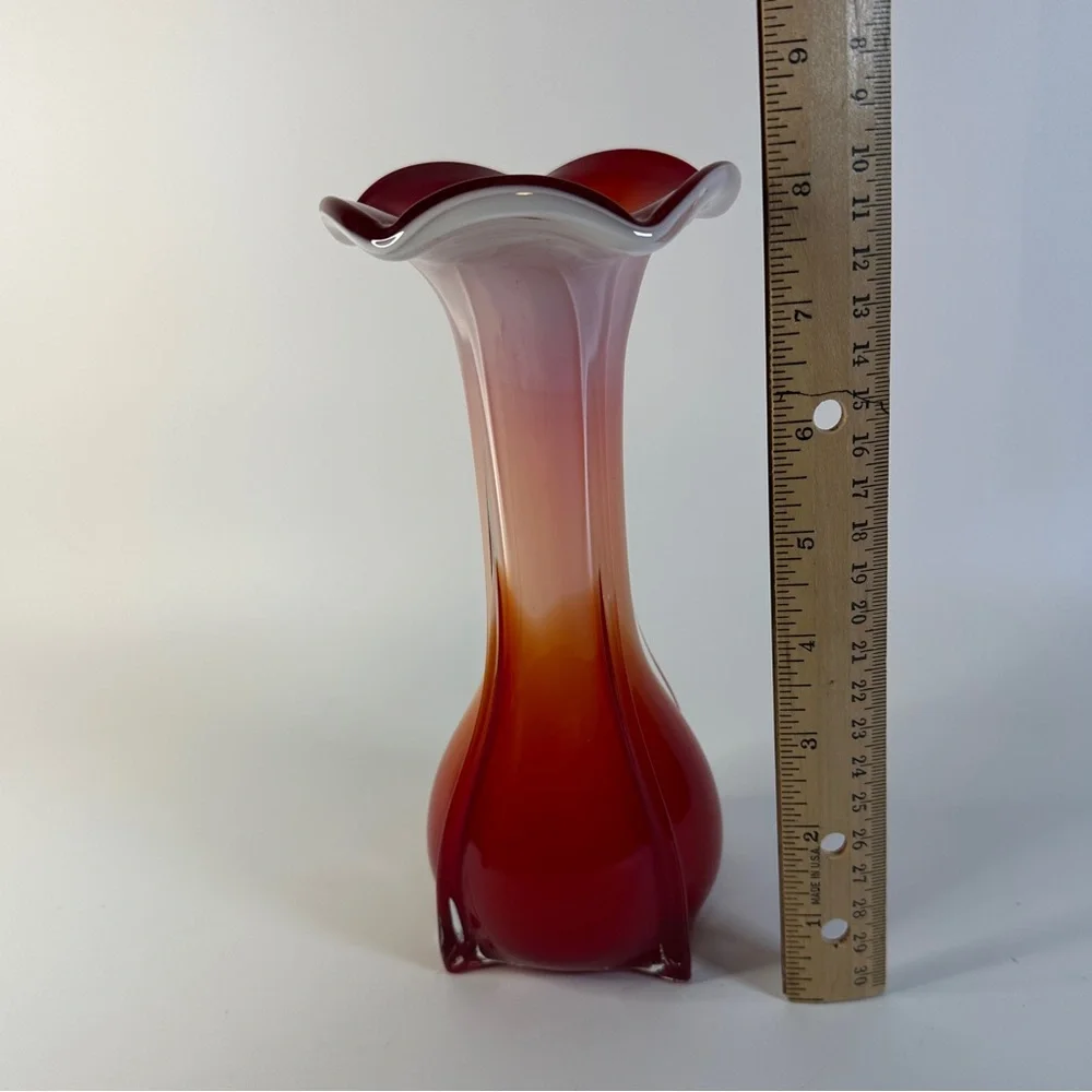 VTG Ruffled Ombre White Orange‎ Red Flower Vase Murano Style Art Deco 8”